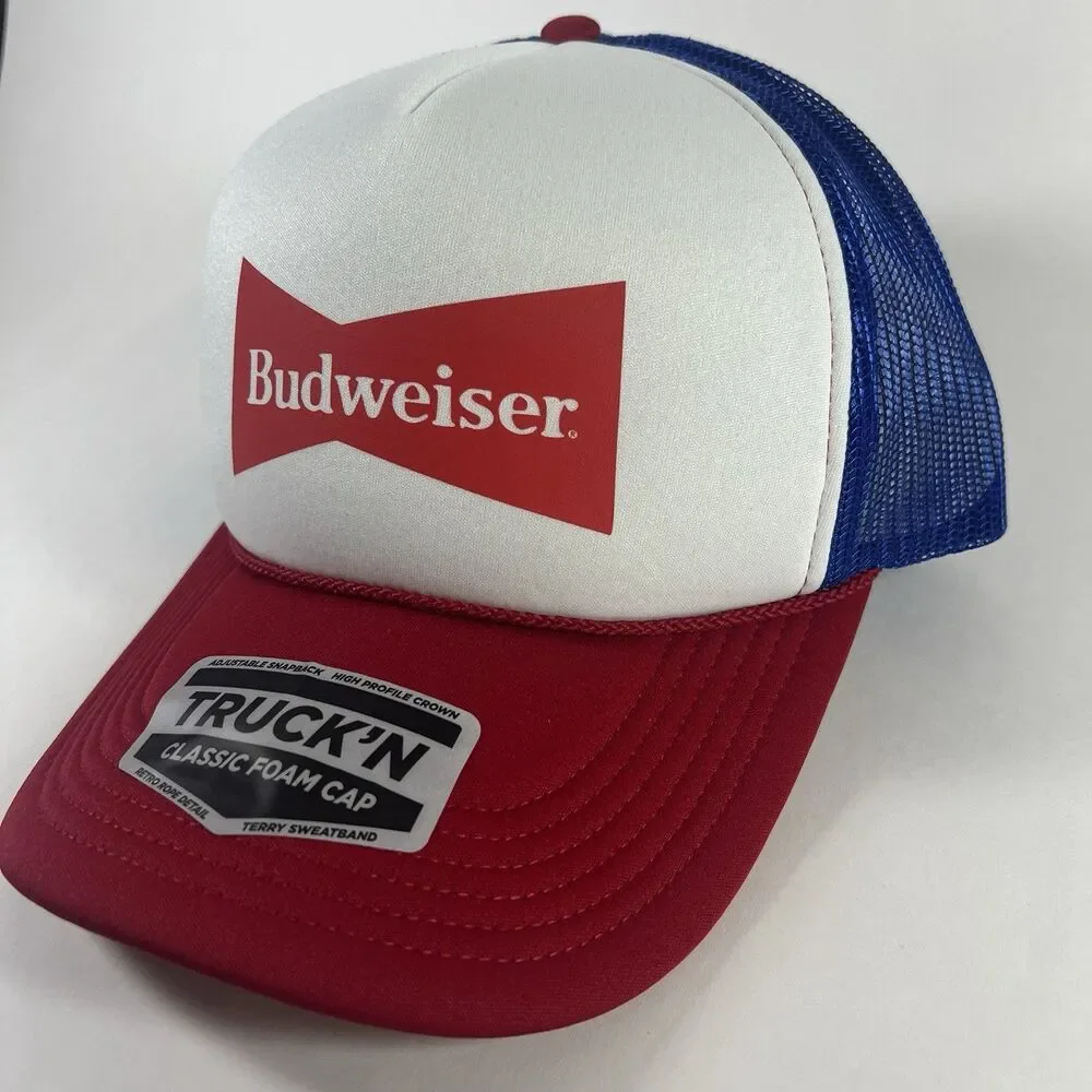 Budweiser Printed Foam Trucker Hat Red/White/Blue Colorway Mesh Back Rope Cap